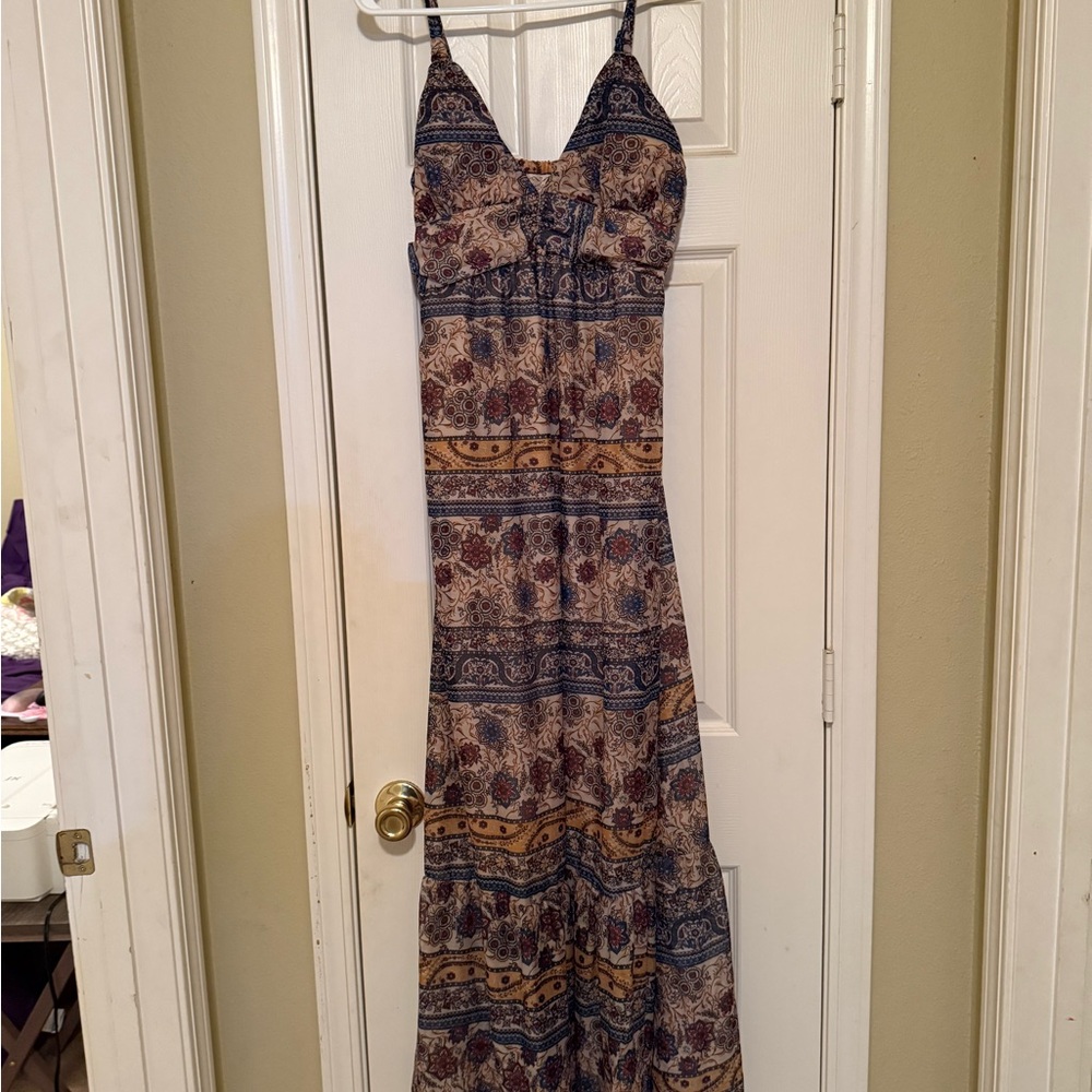 Blue and Tan Sleeveless Maxi Sundress with Spaghetti Straps